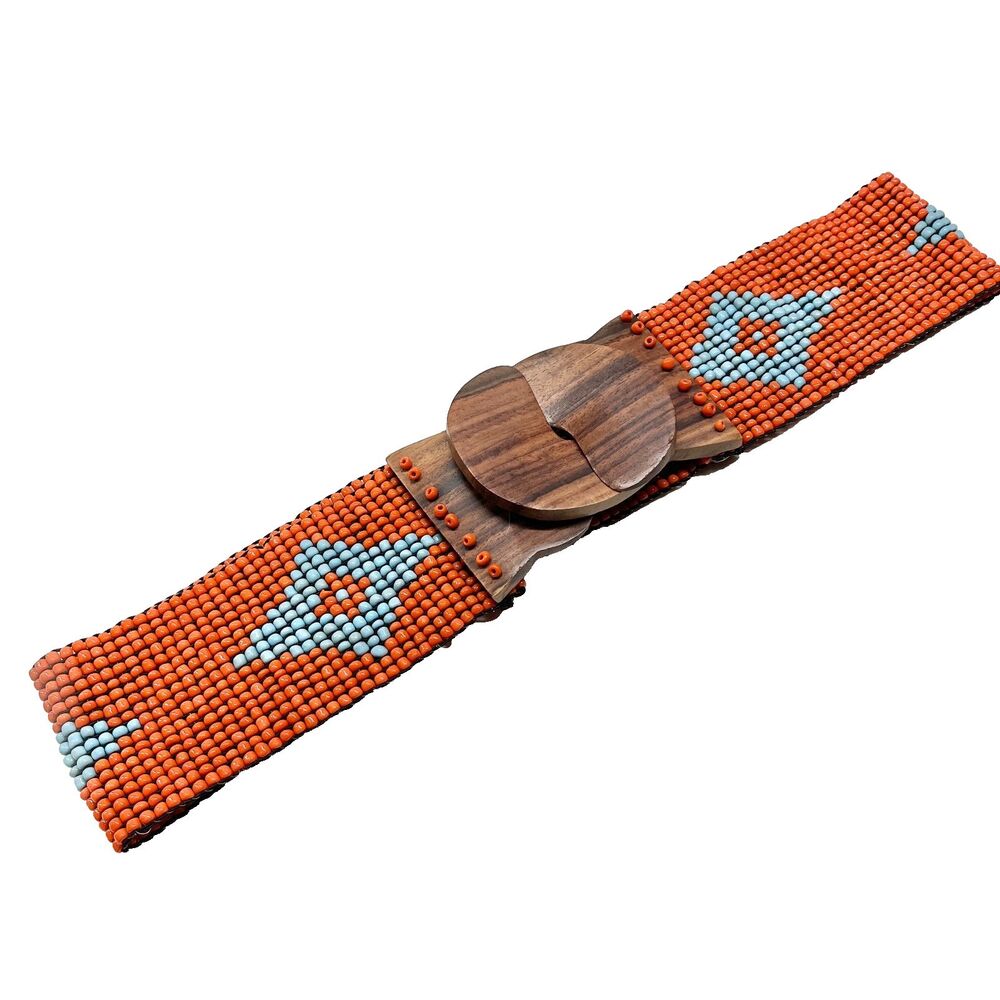 Vtg Boho Southwestern Seed Bead Elastic Waist Belt Wood Buckle Orange Aqua Brown